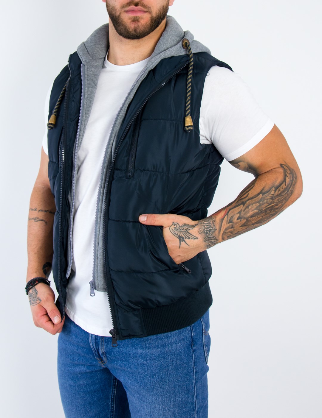 Ανδρικό μπλέ αμάνικο Jacket κουκούλα 833380 φωτογραφία